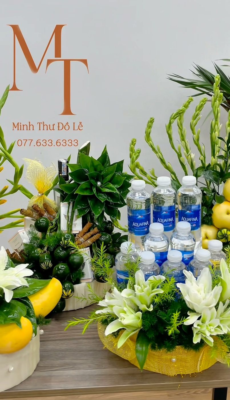 Set 6 mâm lễ tone vàng – trắng – xanh – Minh Thư Đồ Lễ Đà Nẵng